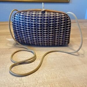 Vintage Wicker and Wood Woven Satin Lined Clutch Shoulder Bag